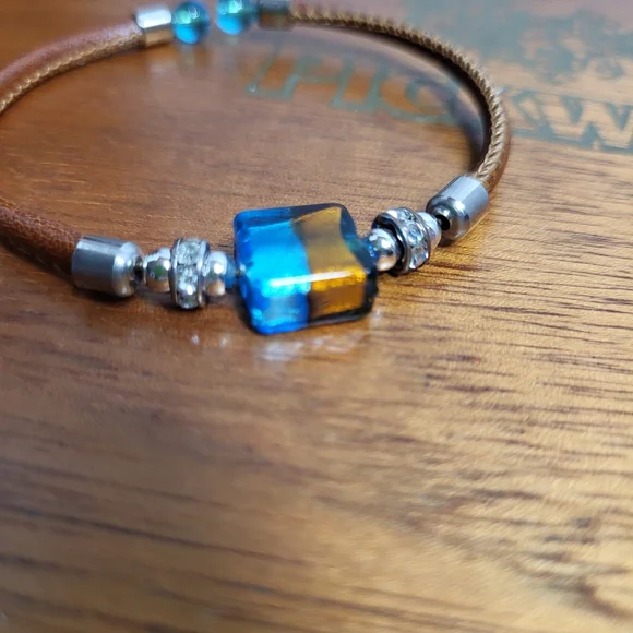 Amber and Blue Dichroic Glass Faux Leather and Rhinestone Tension Bracelet - Picture 9 of 12